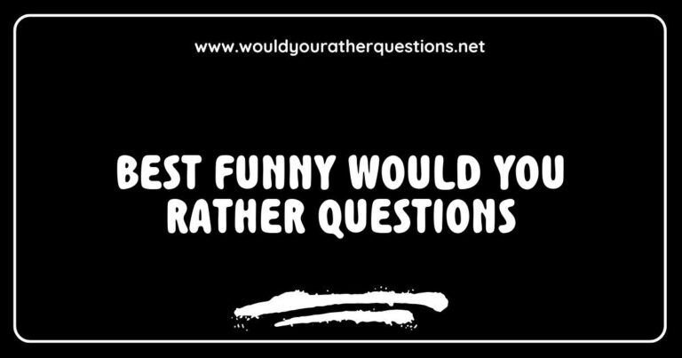 Image featuring a colorful graphic with the text 'Best Funny Would You Rather Questions' surrounded by playful illustrations of popular scenarios like 'Would you rather have the ability to fly or be invisible?' and 'Would you rather always have to sing instead of speak or dance everywhere you go?' This engaging visual is