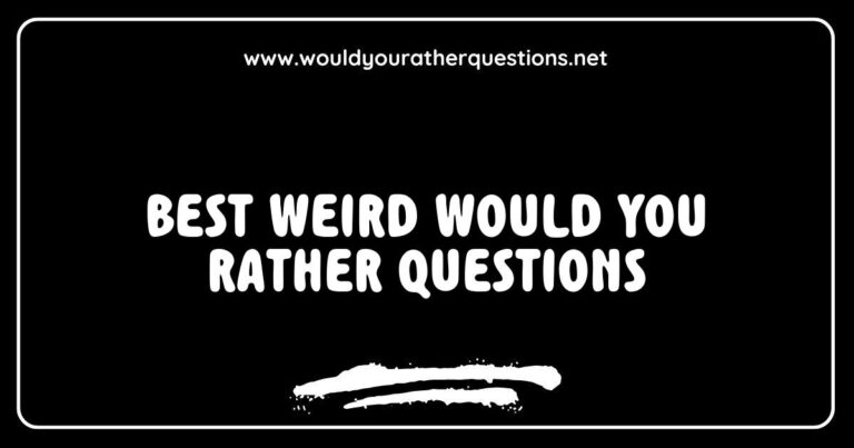 Colorful graphic featuring the best weird 'Would You Rather' questions, including quirky scenarios like 'Would you rather have the ability to fly but only at night' and 'Would you rather always speak in rhymes'. This engaging image is designed to inspire fun conversations and laughter, perfect for game nights