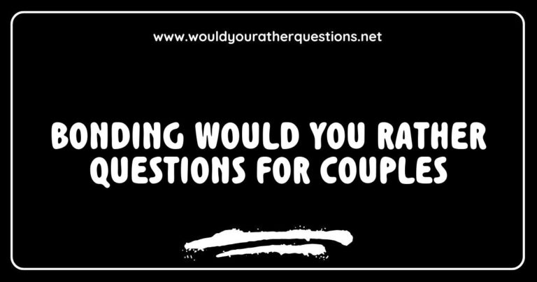 Couples enjoying a fun game of bonding 'Would You Rather' questions, featuring thought-provoking prompts like 'Would you rather travel the world together or stay in one place forever?' and 'Would you rather have a romantic dinner at home or a spontaneous adventure?' This image captures the essence of engaging conversations