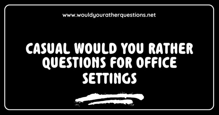 Casual 'Would You Rather' questions for office settings, featuring a group of colleagues engaging in a fun team-building activity, discussing quirky scenarios like 'Would you rather work from home permanently or in the office forever?' and 'Would you rather have unlimited coffee or unlimited snacks at work?' This image