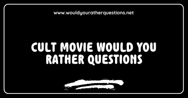 Creative 'Would You Rather' questions inspired by cult movies, featuring iconic characters and memorable film scenes. Explore engaging dilemmas like 'Would you rather have a dinner party with the cast of The Rocky Horror Picture Show or join the Ghostbusters on a mission?' This image showcases a colorful graphic design highlighting
