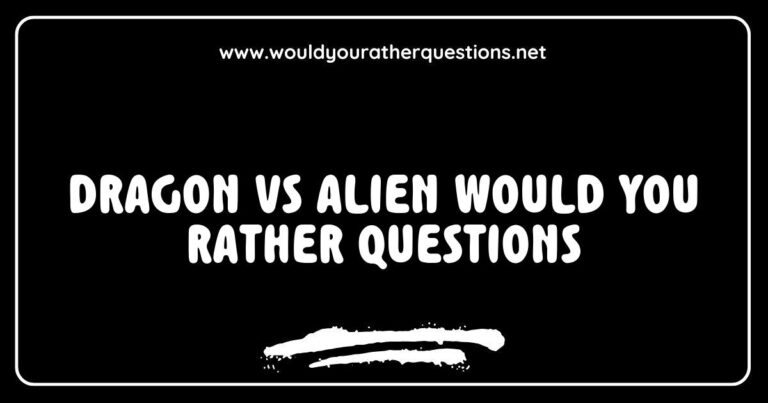 Illustration of a fierce dragon battling a futuristic alien, symbolizing 'Dragon vs Alien Would You Rather' questions. The image captures the excitement of choosing between fantastical scenarios like 'Would you rather ride a dragon into battle or explore the galaxy with an alien?' and 'Would you rather have the