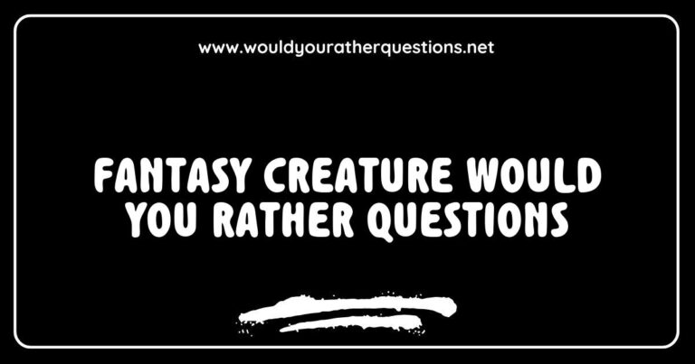Whimsical fantasy creature illustrations depicting 'Would You Rather' questions, such as choosing between a friendly dragon or a mischievous unicorn for a pet, and deciding to ride a giant griffin or swim with mermaids. The vibrant colors and imaginative designs invite viewers to explore their creativity through fun