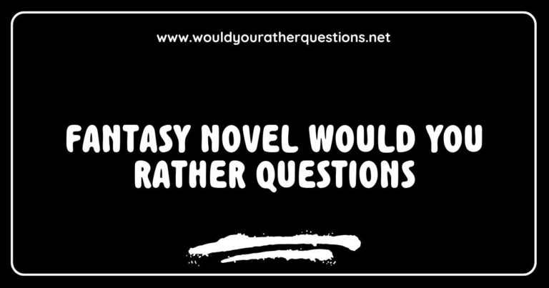 Illustration of a whimsical fantasy landscape with a vibrant castle and mythical creatures, featuring 'Would You Rather' questions related to fantasy novels, such as choosing between battling a dragon or befriending a unicorn, and deciding whether to explore a hidden enchanted forest or discover a secret treasure. Perfect for engaging