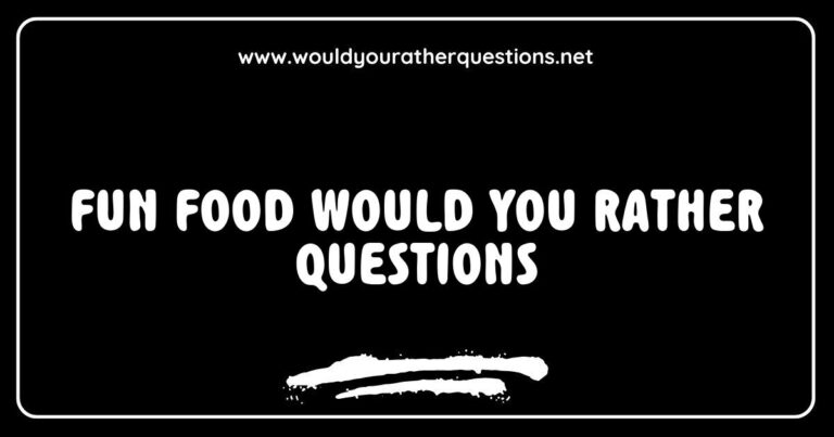 Engaging image featuring a colorful background with fun food 'Would You Rather' questions, such as 'Would you rather eat pizza every day or never have dessert again?' and 'Would you rather have unlimited tacos or unlimited sushi?' Perfect for party games and icebreaker activities, this visual captures the joy