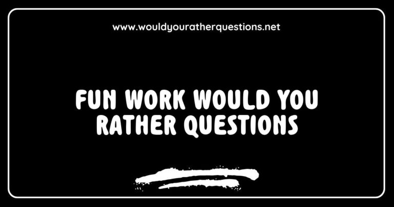 Colorful graphic featuring fun 'Would You Rather' questions designed for team building and icebreaker activities, such as 'Would you rather work from the beach or a mountain cabin?' and 'Would you rather have unlimited coffee or unlimited snacks at work?'. This image captures the engaging spirit of fun work