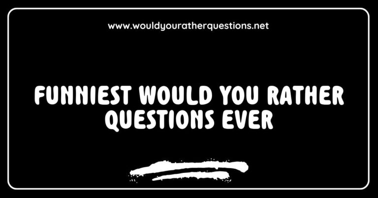 Image depicting a colorful collage of the funniest 'Would You Rather' questions ever, featuring playful graphics of quirky scenarios, like choosing between having a talking dog or a pet dragon, and deciding whether to always wear clown shoes or a clown wig. Perfect for anyone looking to spark laughter and engage friends in