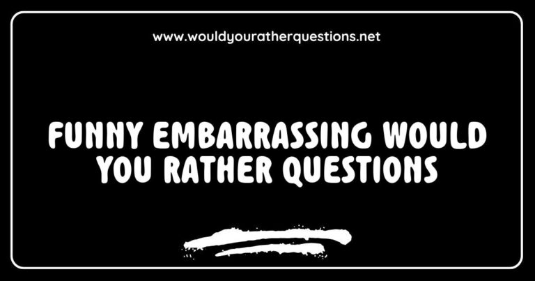 Alt text: A playful illustration featuring a group of friends laughing while discussing funny embarrassing 'Would You Rather' questions, such as 'Would you rather always have to sing instead of speak or dance everywhere you go?' and 'Would you rather accidentally send a flirty text to your boss or trip in