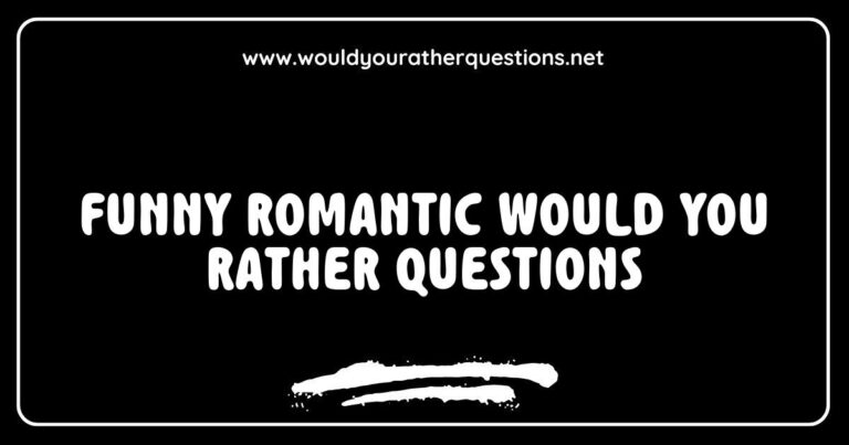 Alt Text: A playful illustration featuring a couple laughing while discussing funny romantic 'Would You Rather' questions, such as 'Would you rather always have to sing instead of speak or dance instead of walk?' and 'Would you rather date someone who can only communicate through emojis or someone who always speaks in