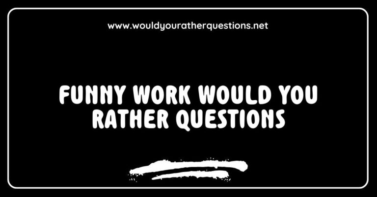 Group of coworkers laughing during a team meeting while discussing funny 'Would You Rather' questions like 'Would you rather have a job that requires you to sing everything you say or dance everywhere you go?' and 'Would you rather always have to wear clown shoes to work or a clown wig?' The image