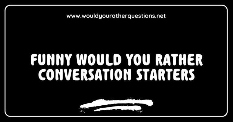Colorful illustration depicting a group of friends engaged in a lively game of 'Would You Rather' with funny conversation starters. The image showcases various quirky scenarios like 'Would you rather have to always speak in rhymes or sing everything you say?' and 'Would you rather fight one hundred duck-sized horses