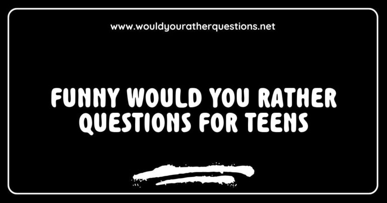 Alt text: A colorful graphic featuring a group of laughing teens debating funny 'Would You Rather' questions, such as 'Would you rather have the ability to fly or be invisible?' and 'Would you rather eat pizza for every meal or never eat pizza again?' This image captures the fun and engaging