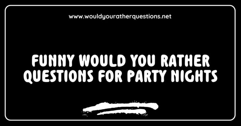 Alt text: A vibrant party scene featuring friends laughing and enjoying a game of 'Would You Rather' with funny and engaging questions. The table is filled with snacks and drinks, as participants debate hilarious scenarios like 'Would you rather have to always speak in rhymes or sing everything you say?'.