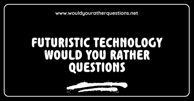 Futuristic technology-themed 'Would You Rather' questions, featuring vibrant graphics depicting scenarios like choosing between flying cars or teleportation, and selecting between AI companions or robot assistants. Engaging image illustrating the fun and imaginative aspects of futuristic dilemmas, perfect for sparking conversations about advanced technology and its