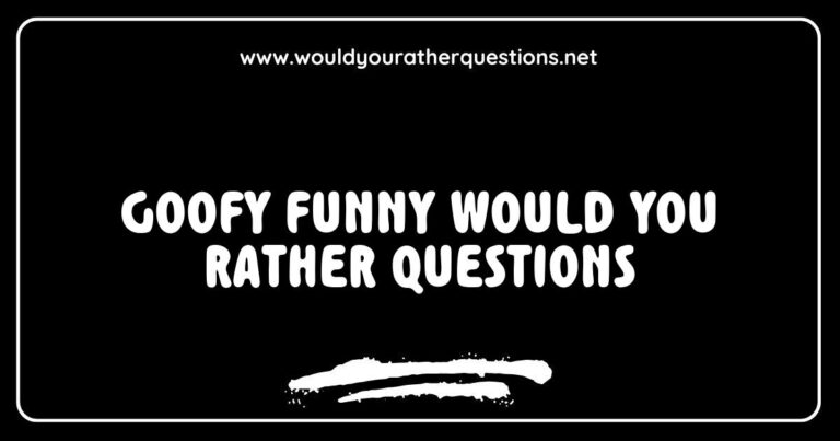 Goofy and funny 'Would You Rather' questions illustrated with vibrant graphics showcasing scenarios like 'Would you rather have to always speak in rhymes or only be able to sing everything you say?' and 'Would you rather fight one horse-sized duck or a hundred duck-sized horses?' Perfect for sparking
