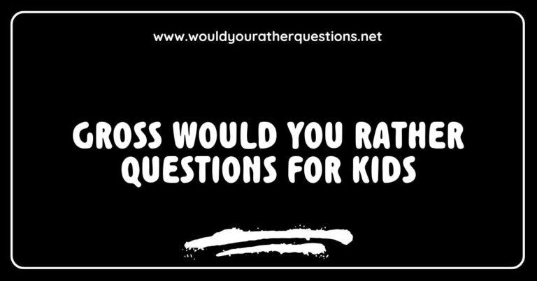 Fun and engaging image of kids laughing while discussing gross 'Would You Rather' questions, featuring prompts like 'Would you rather eat a worm or drink muddy water?' and 'Would you rather have sticky hands or smelly feet?' Perfect for sparking laughter and conversation during game nights or parties, this