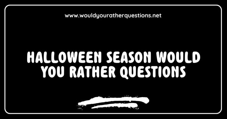 Alt text: A spooky Halloween-themed graphic featuring fun 'Would You Rather' questions, such as 'Would you rather trick-or-treat with ghosts or attend a haunted house party?' and 'Would you rather eat candy corn or caramel apples?' Perfect for getting into the Halloween spirit, this image showcases