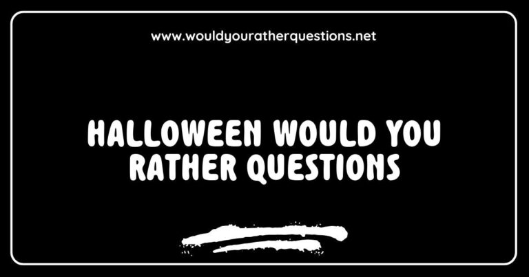 Spooky Halloween-themed image featuring a collection of 'Would You Rather' questions, such as 'Would you rather go trick-or-treating with ghosts or attend a haunted house party?' and 'Would you rather eat candy corn or caramel apples?' Perfect for Halloween party games and fun discussions, this