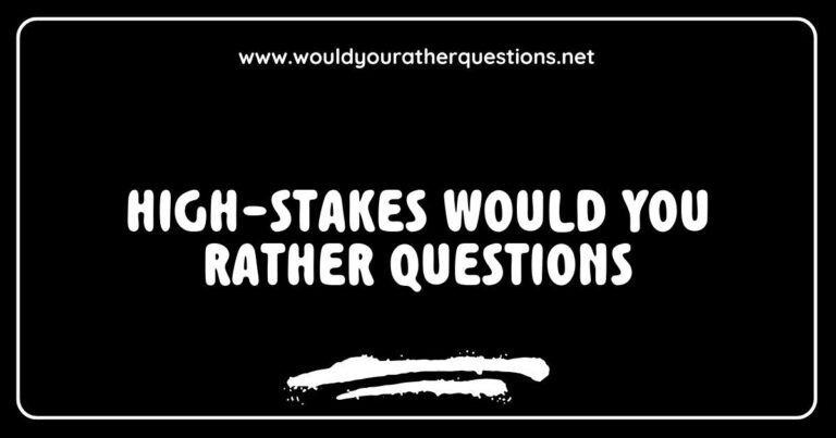 Engaging high-stakes 'Would You Rather' questions illustrated with a colorful graphic featuring thought-provoking scenarios like 'Would you rather have the ability to fly or be invisible?' and 'Would you rather live in a world without music or without movies?' Perfect for sparking deep conversations and entertaining debates,
