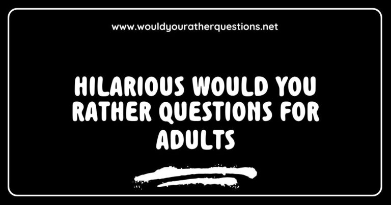 Group of adults laughing while discussing hilarious 'Would You Rather' questions, featuring prompts like 'Would you rather have to always speak your mind or never speak again?' and 'Would you rather fight one horse-sized duck or a hundred duck-sized horses?' This engaging image captures the fun and humor of adult