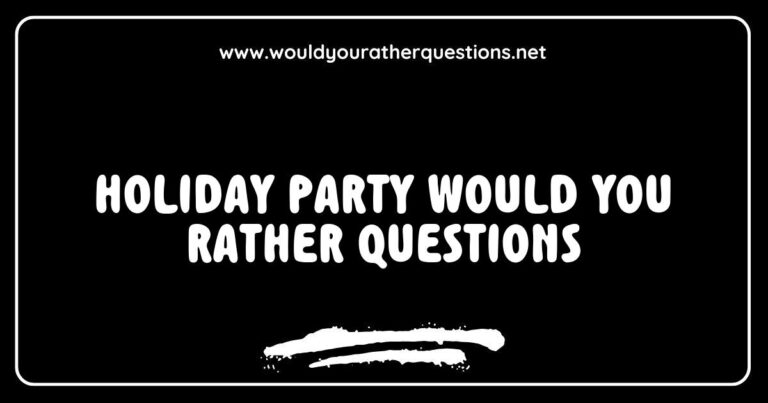 Cheerful holiday party scene featuring friends engaging in fun 'Would You Rather' questions, such as 'Would you rather have a snowman for a roommate or a talking Christmas tree?' and 'Would you rather spend the holidays in a cozy cabin or on a tropical beach?' This image captures the