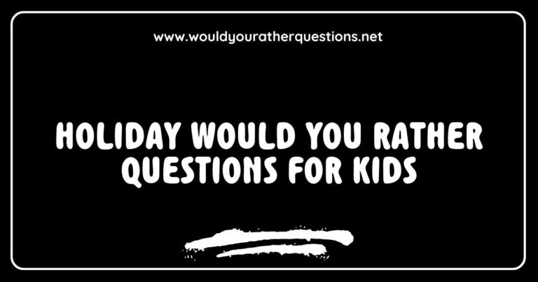 Colorful holiday-themed illustration featuring children enjoying a game of 'Would You Rather' with fun questions like 'Would you rather build a snowman or decorate a Christmas tree?' and 'Would you rather receive candy or toys for the holidays?'. Perfect for sparking imaginative conversations and laughter among kids during