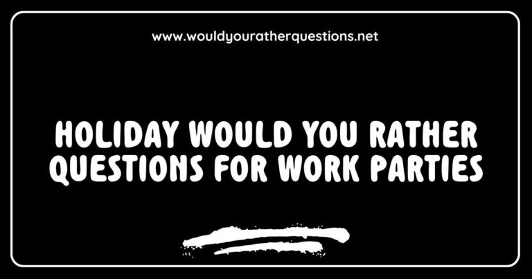 Alt text: Engaging holiday 'Would You Rather' questions for work parties, featuring fun scenarios like 'Would you rather have a holiday-themed office party or a cozy potluck?' and 'Would you rather exchange gifts or play holiday games?' This image showcases a festive atmosphere perfect for sparking conversations