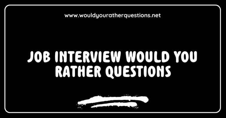 An engaging image depicting a job interview setting with a diverse group of candidates discussing 'Would You Rather' questions. The scene illustrates the concept of 'Job Interview Would You Rather Questions,' featuring examples like 'Would you rather have a high-paying job you hate or a low-paying job you love?' and