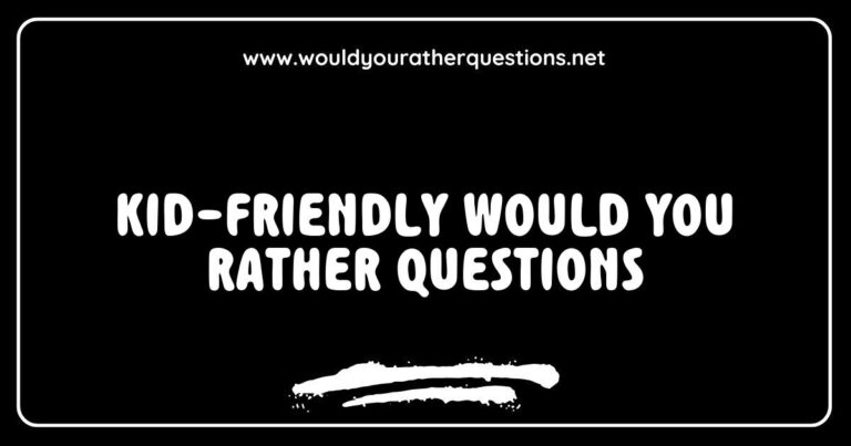 Fun and engaging kid-friendly 'Would You Rather' questions illustrated with colorful graphics, featuring options like 'Would you rather have the ability to fly or be invisible?' and 'Would you rather eat ice cream every day or pizza every day?' Perfect for family game nights and encouraging creative thinking among children.