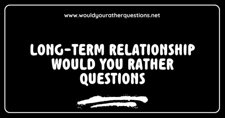 Couple engaging in a fun game of 'Would You Rather' with long-term relationship questions, featuring prompts like 'Would you rather travel the world together or buy a house?' and 'Would you rather always communicate your feelings or keep some thoughts private?' This image captures the essence of strengthening bonds through