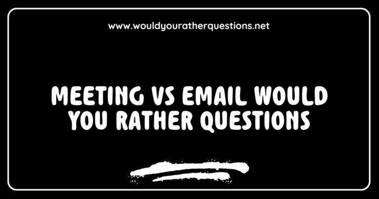 Illustration of a fun 'Meeting vs Email Would You Rather' game, featuring humorous scenarios like 'Would you rather attend a never-ending meeting or read a flood of emails?' and 'Would you prefer face-to-face discussions over endless email threads?' The image captures a lively office environment, emphasizing the