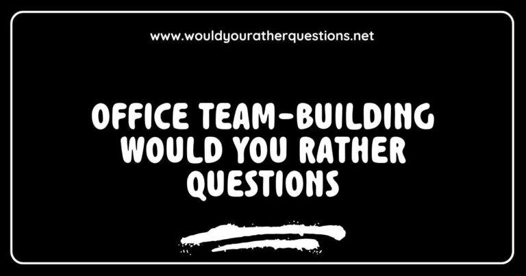 Office team-building activity featuring 'Would You Rather' questions, showcasing colleagues engaging in discussions over fun scenarios such as 'Would you rather work from home or in the office?' and 'Would you rather have endless coffee or endless snacks?'. This image highlights the importance of team bonding and communication through interactive