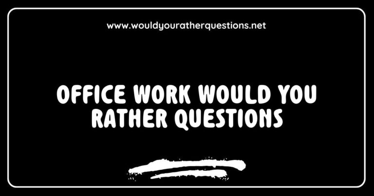Office workers engaged in a fun team-building activity, discussing 'Would You Rather' questions like 'Would you rather have a window office or a corner desk?' and 'Would you rather work from home or in the office every day?'. This image captures the essence of workplace camaraderie and the enjoyment