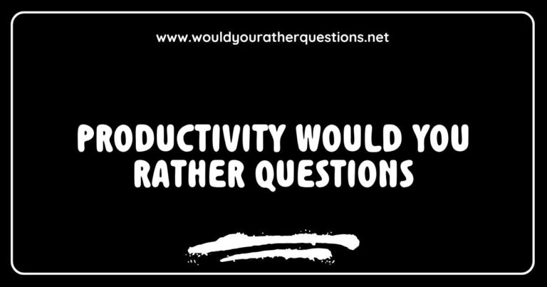 Engaging 'Would You Rather' questions for productivity, featuring a colorful illustration of a brainstorming session with options like 'Would you rather work 10 hours a day with no breaks or 5 hours a day but with constant interruptions?' and 'Would you rather have a perfect work-life balance or unlimited