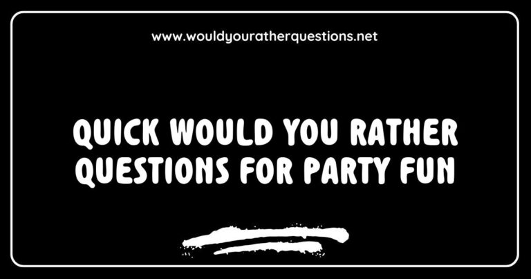 Alt text: A colorful party scene featuring friends laughing and playing a game of 'Would You Rather.' The image highlights quick and fun 'Would You Rather' questions like 'Would you rather have the ability to fly or be invisible?' and 'Would you rather always have to sing instead of speak or