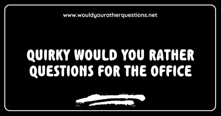 Fun and quirky 'Would You Rather' questions for the office, showcasing a colorful graphic with humorous scenarios like 'Would you rather have a pet dinosaur or a pet dragon at work?' and 'Would you rather always have to whisper or always have to shout during meetings?' Perfect for team-building activities and