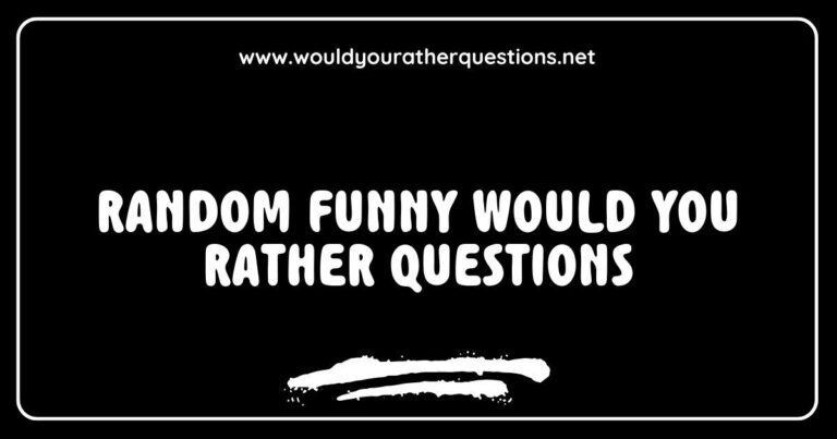 Colorful graphic featuring a collection of random funny 'Would You Rather' questions, such as 'Would you rather fight one horse-sized duck or a hundred duck-sized horses?' and 'Would you rather always have to say everything on your mind or never speak again?' Perfect for sparking laughter and engaging