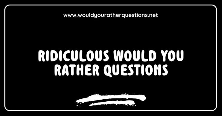 Funny and engaging 'Would You Rather' questions illustrated in a colorful infographic, featuring ridiculous scenarios like 'Would you rather fight a hundred duck-sized horses or one horse-sized duck?' and 'Would you rather always have to sing instead of speak or dance everywhere you go?' Perfect for sparking laughter and