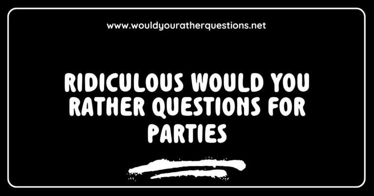 Group of friends laughing and discussing ridiculous 'Would You Rather' questions for parties, featuring prompts like 'Would you rather fight one horse-sized duck or a hundred duck-sized horses?' and 'Would you rather have to always speak in rhymes or sing instead of talk?' Perfect for igniting fun conversations
