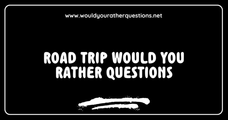 Colorful road trip scene featuring a group of friends debating fun 'Would You Rather' questions like 'Would you rather drive through the mountains or along the coast?' and 'Would you rather have snacks or playlists for the journey?' Perfect for sparking conversations during long car rides, this image captures the
