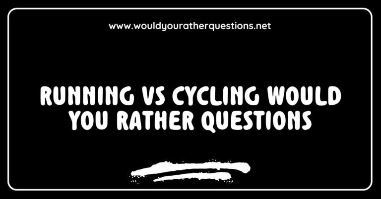 Alt text: Colorful infographic comparing 'Running vs Cycling Would You Rather Questions' featuring engaging scenarios like 'Would you rather run a marathon or cycle a century?' and 'Would you prefer to sprint or bike uphill?' This image illustrates the fun and thought-provoking choices between running and cycling, perfect for