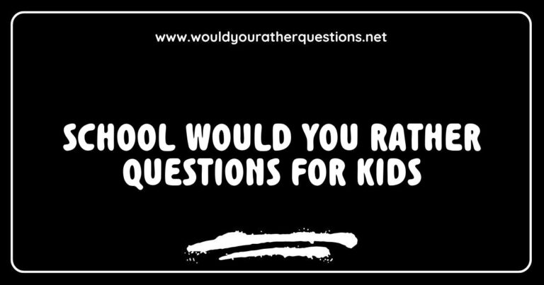 Fun and engaging 'Would You Rather' questions for kids, featuring colorful illustrations of children pondering choices like 'Would you rather have a pet dinosaur or a pet dragon?' and 'Would you rather be able to fly or be invisible?'. Perfect for sparking conversations and laughter in school settings.