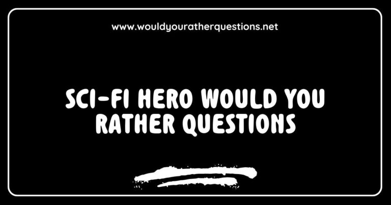 Colorful illustration of a sci-fi hero contemplating intriguing 'Would You Rather' questions, such as 'Would you rather have telepathy or time travel abilities?' and 'Would you rather fight aliens or robots?' This imaginative scene captures the essence of engaging sci-fi scenarios for fans of thought-provoking dilemmas