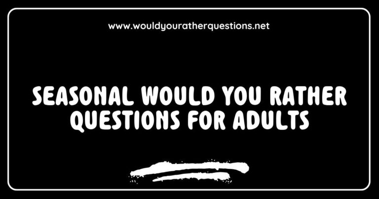 Group of adults enjoying a lively game night with a focus on seasonal 'Would You Rather' questions, featuring prompts like 'Would you rather spend a winter holiday in a cozy cabin or on a tropical beach?' and 'Would you rather experience a summer festival or a fall harvest celebration?' This image captures
