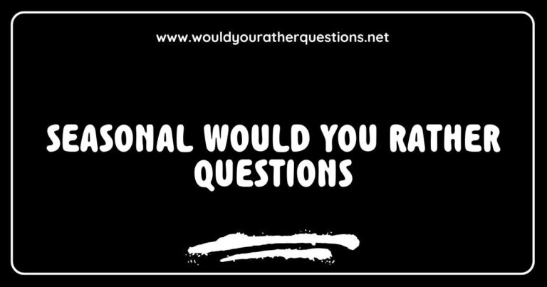 Colorful graphic featuring a fun 'Would You Rather' game centered around seasonal themes, with questions like 'Would you rather have a snowy Christmas or a sunny beach vacation?' and 'Would you rather enjoy pumpkin spice lattes or summer fruit smoothies?' Perfect for family gatherings and party games, this image