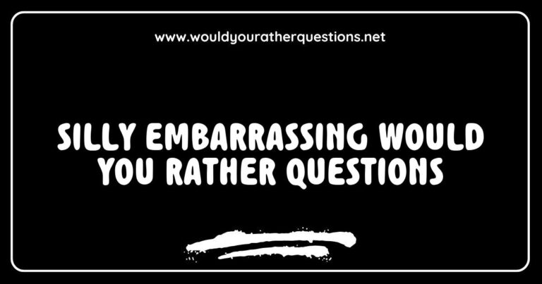 Alt text: A colorful graphic featuring a list of silly and embarrassing 'Would You Rather' questions, such as 'Would you rather always speak in rhymes or sing everything you say?' and 'Would you rather wear clown shoes every day or a clown wig for a week?' This playful image captures