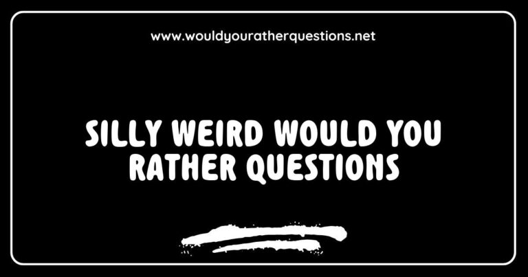 Colorful graphic featuring a list of silly and weird 'Would You Rather' questions, such as 'Would you rather have a pet dinosaur or a talking cat?' and 'Would you rather always sneeze glitter or sweat maple syrup?' Perfect for sparking fun conversations and laughter at parties, this image