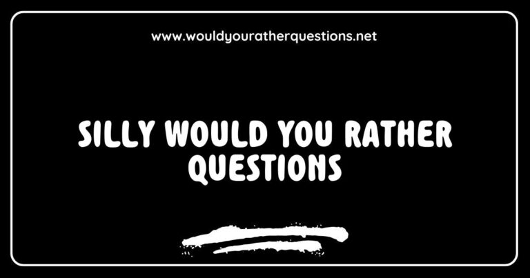 Colorful graphic featuring a collection of silly 'Would You Rather' questions, such as 'Would you rather have a pet dinosaur or a pet dragon?' and 'Would you rather always speak in rhymes or sing everything you say?' Ideal for sparking fun conversations and laughter, this image captures the