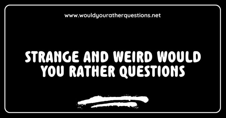 An engaging collage of strange and weird 'Would You Rather' questions, featuring prompts like 'Would you rather have a pet dinosaur or a talking dog?' and 'Would you rather live in a world where everyone speaks in rhymes or a world where everyone is always dancing?' This image showcases quirky and