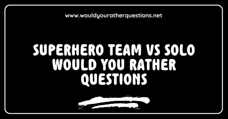 Alt text: A dynamic illustration showcasing a superhero team in a vibrant cityscape engaging in a thought-provoking 'Would You Rather' scenario. The image features questions like 'Would you rather join a superhero team or work solo?' and 'Would you rather have super strength or the ability to fly?' highlighting